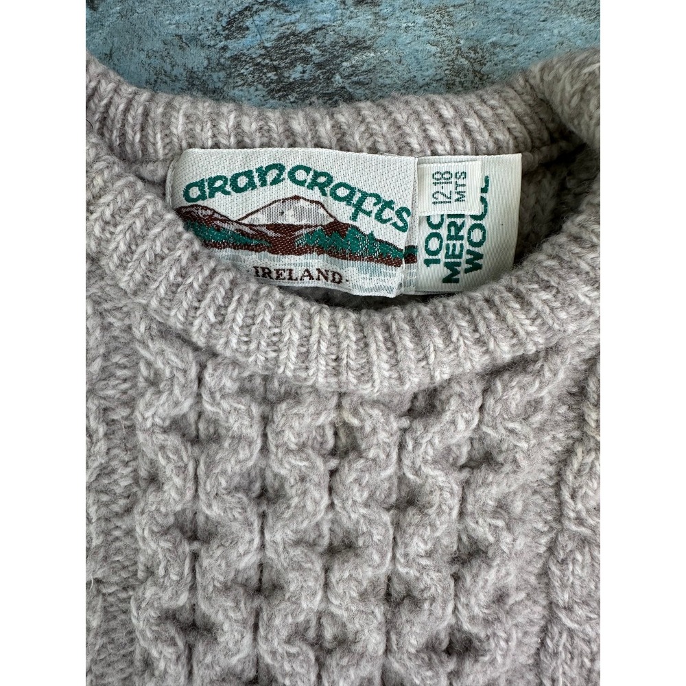 Aran Crafts 100% Merino Wool Sweater Boys 12-18 MTHS Gray Beige Long Sleeve - Picture 2 of 6